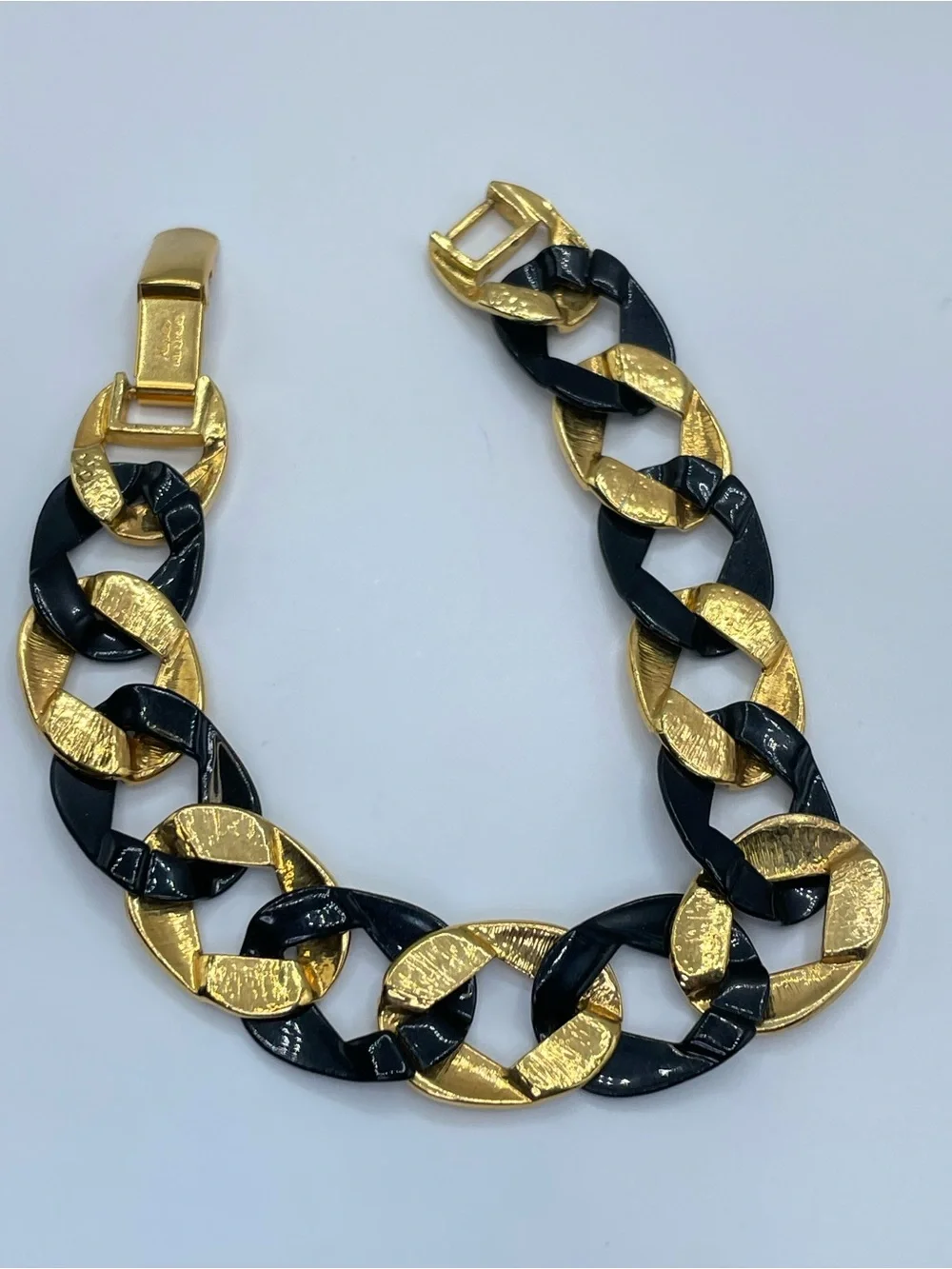 Vintage Napier Black Acrylic Gold Tone Chunky Link Bracelet Statement